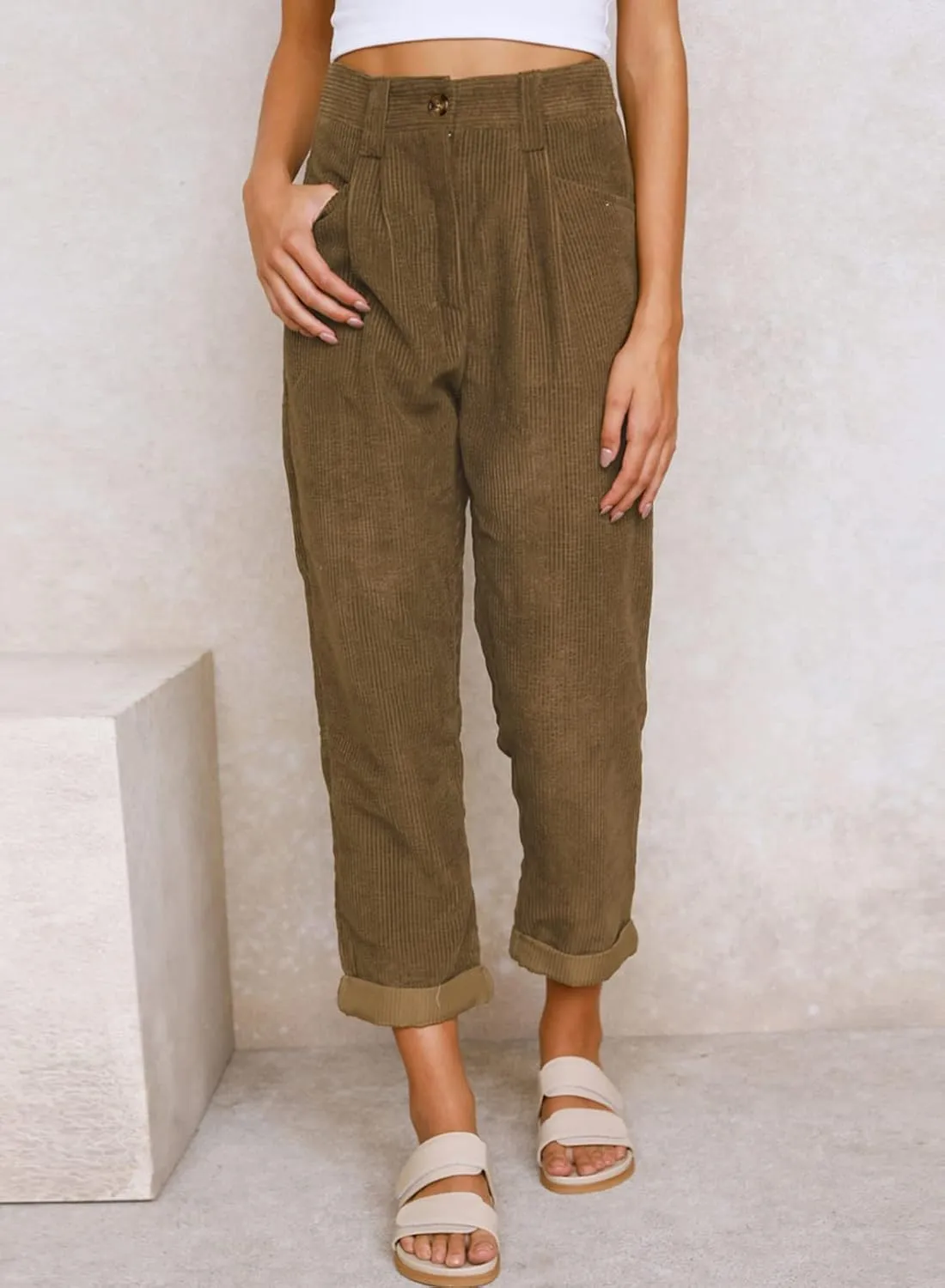 Acelitt Womens Elastic Waist Straight Leg Corduroy Pants with Pockets, S-2XL