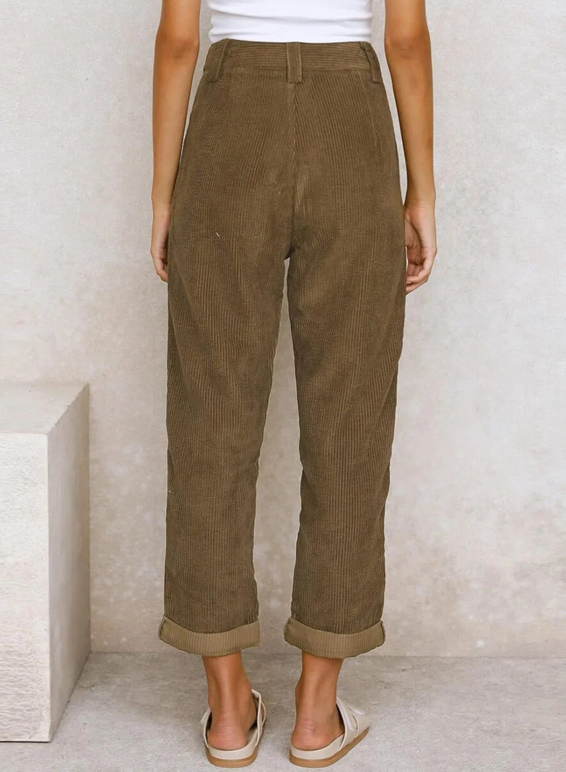 Acelitt Womens Elastic Waist Straight Leg Corduroy Pants with Pockets, S-2XL