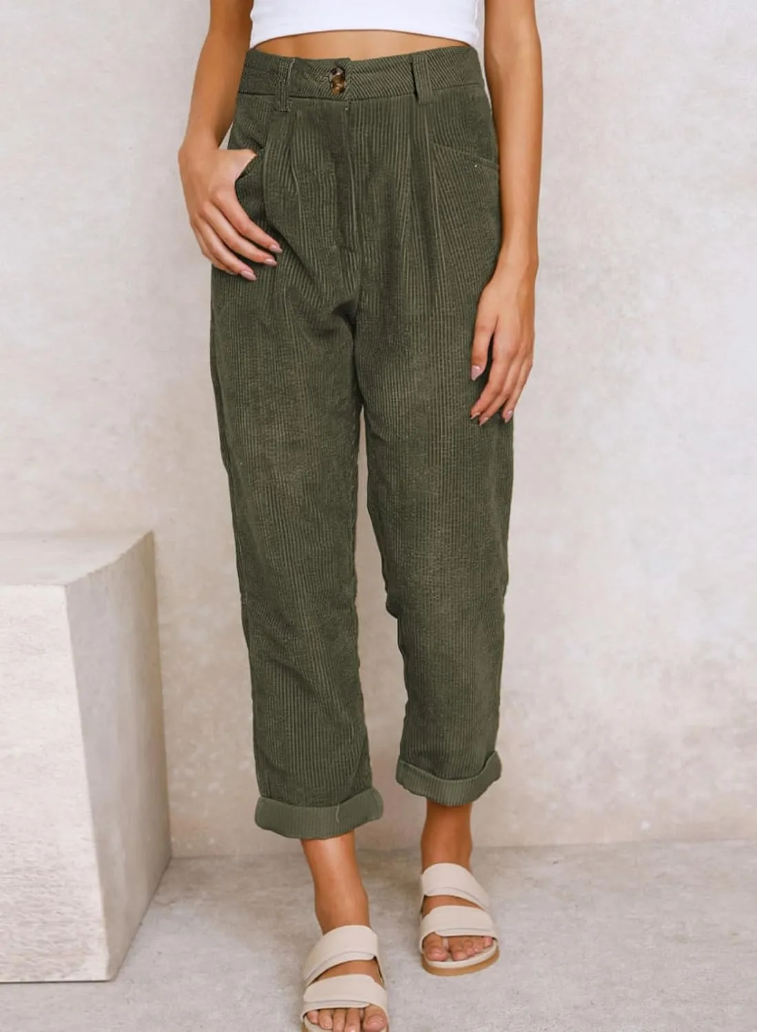 Acelitt Womens Elastic Waist Straight Leg Corduroy Pants with Pockets, S-2XL