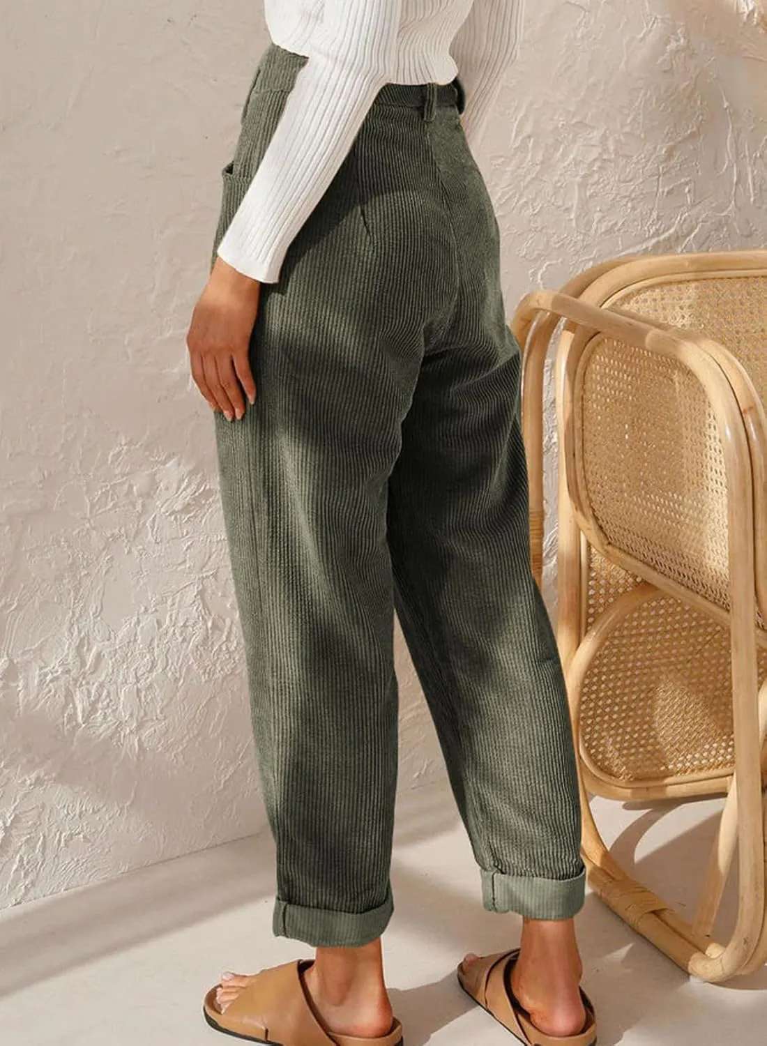 Acelitt Womens Elastic Waist Straight Leg Corduroy Pants with Pockets, S-2XL
