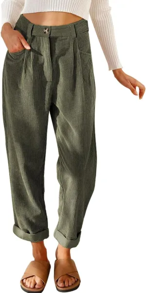 Acelitt Womens Elastic Waist Straight Leg Corduroy Pants with Pockets, S-2XL