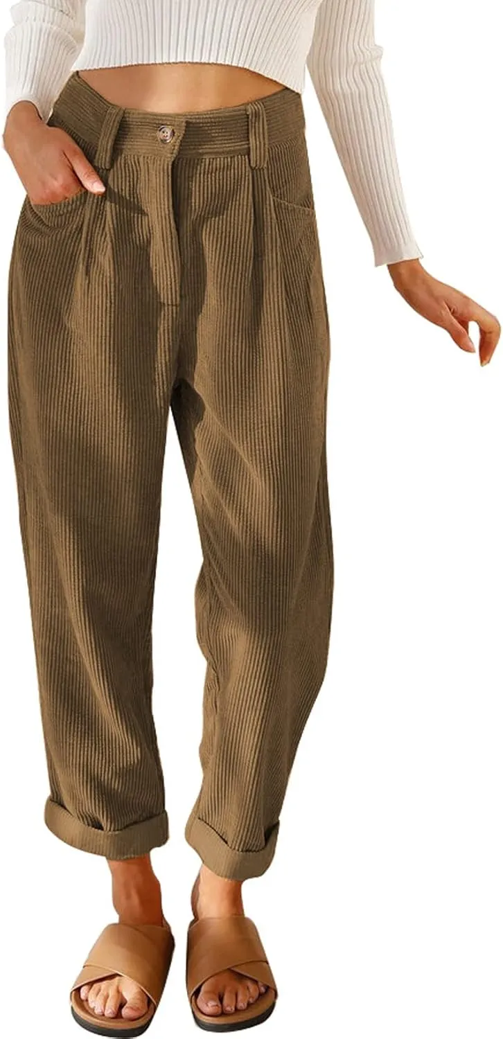Acelitt Womens Elastic Waist Straight Leg Corduroy Pants with Pockets, S-2XL