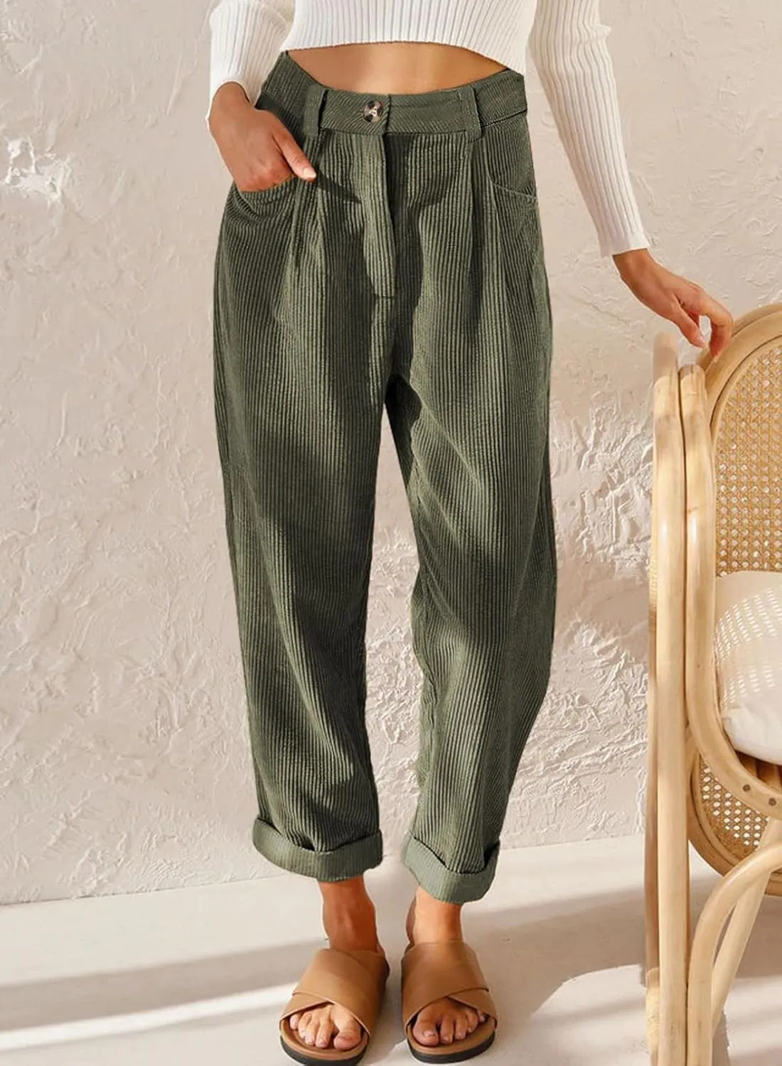 Acelitt Womens Elastic Waist Straight Leg Corduroy Pants with Pockets, S-2XL