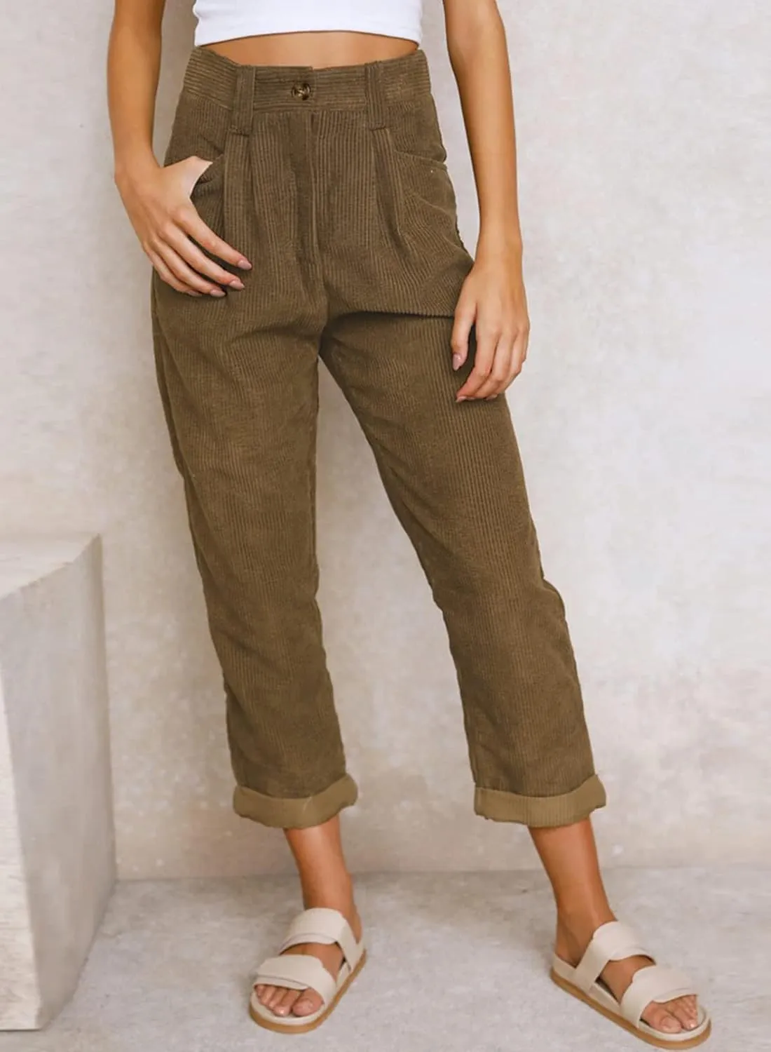 Acelitt Womens Elastic Waist Straight Leg Corduroy Pants with Pockets, S-2XL