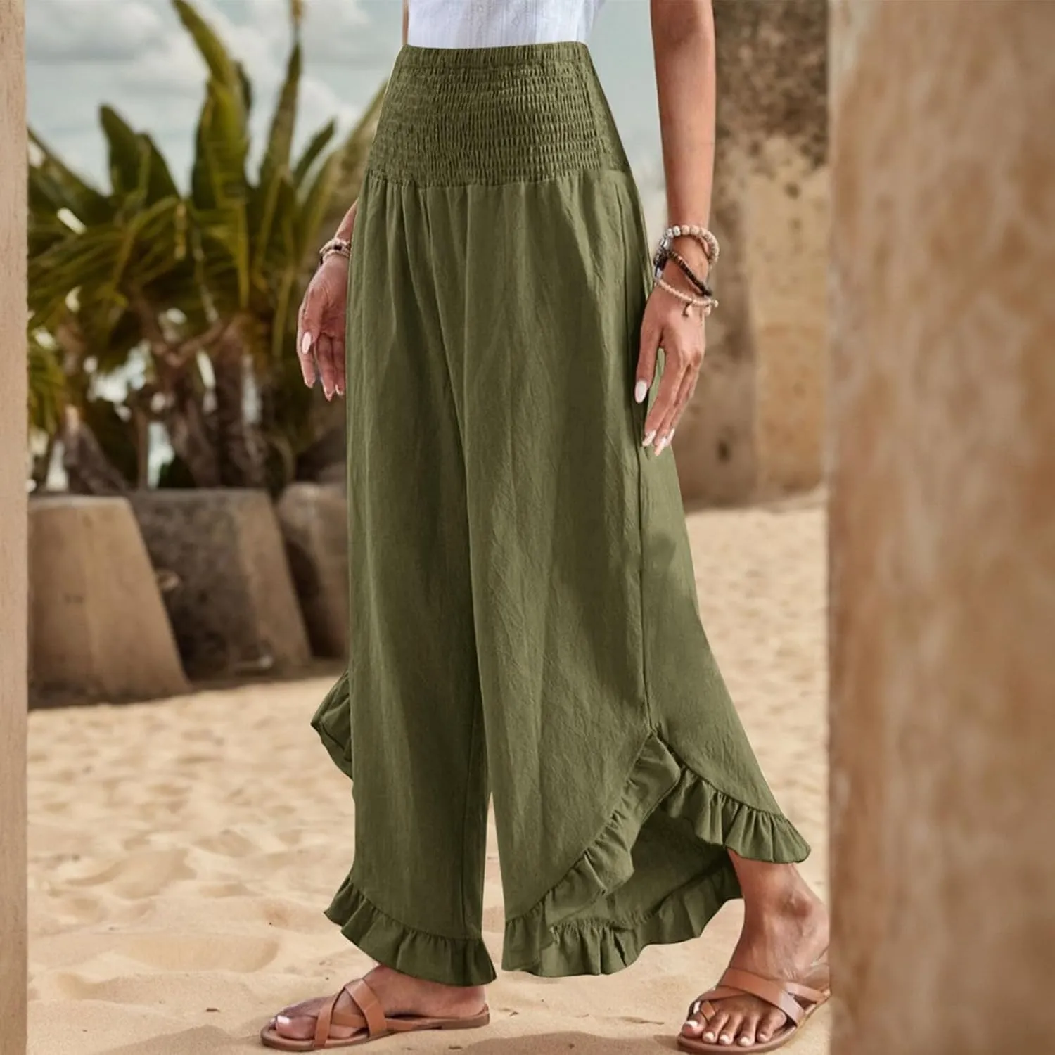 ADHOWBEW Linen Pants for Women Work High Waisted Lounge Plus Size Stretch Cotton Casual Dressy Flowy Pants Bottoms