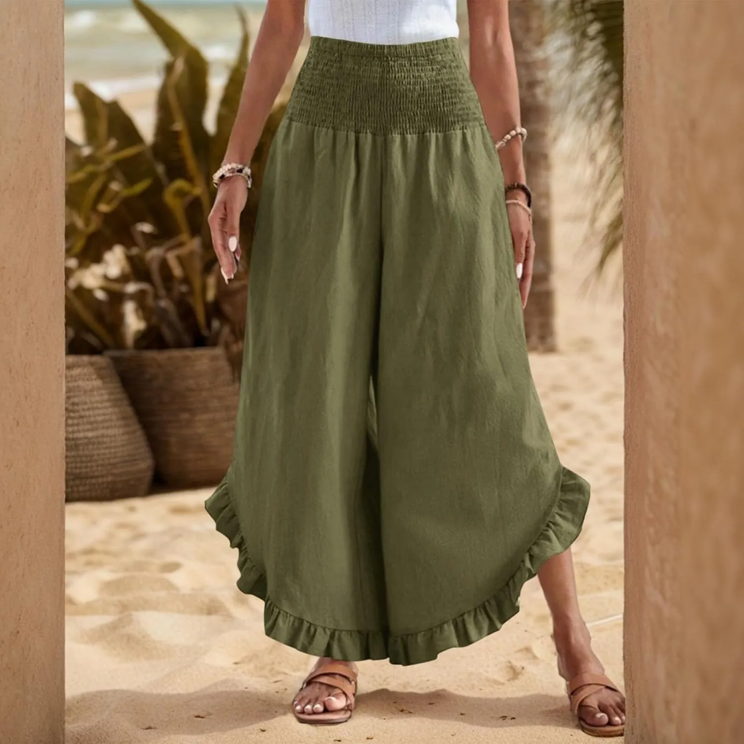 ADHOWBEW Linen Pants for Women Work High Waisted Lounge Plus Size Stretch Cotton Casual Dressy Flowy Pants Bottoms