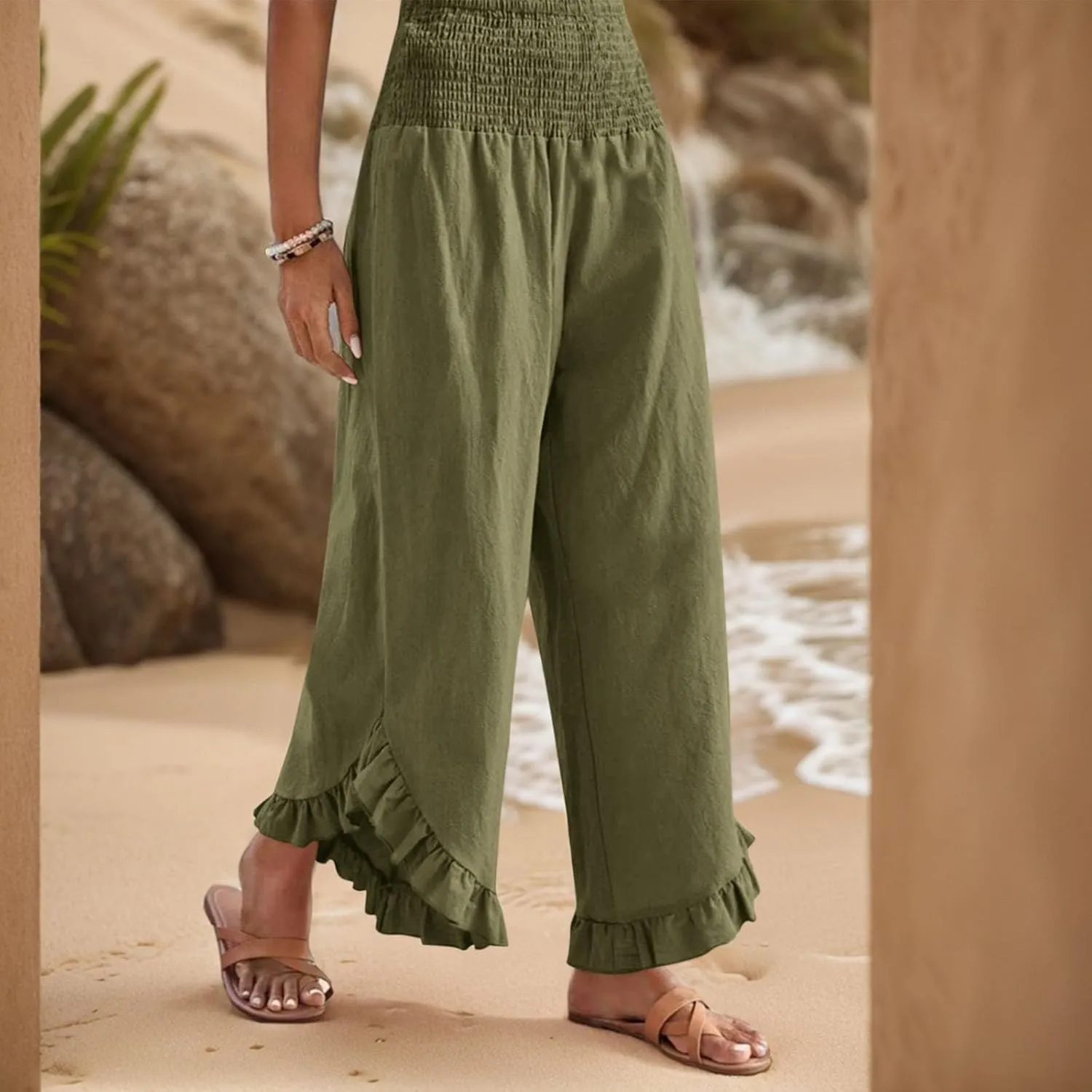 ADHOWBEW Linen Pants for Women Work High Waisted Lounge Plus Size Stretch Cotton Casual Dressy Flowy Pants Bottoms