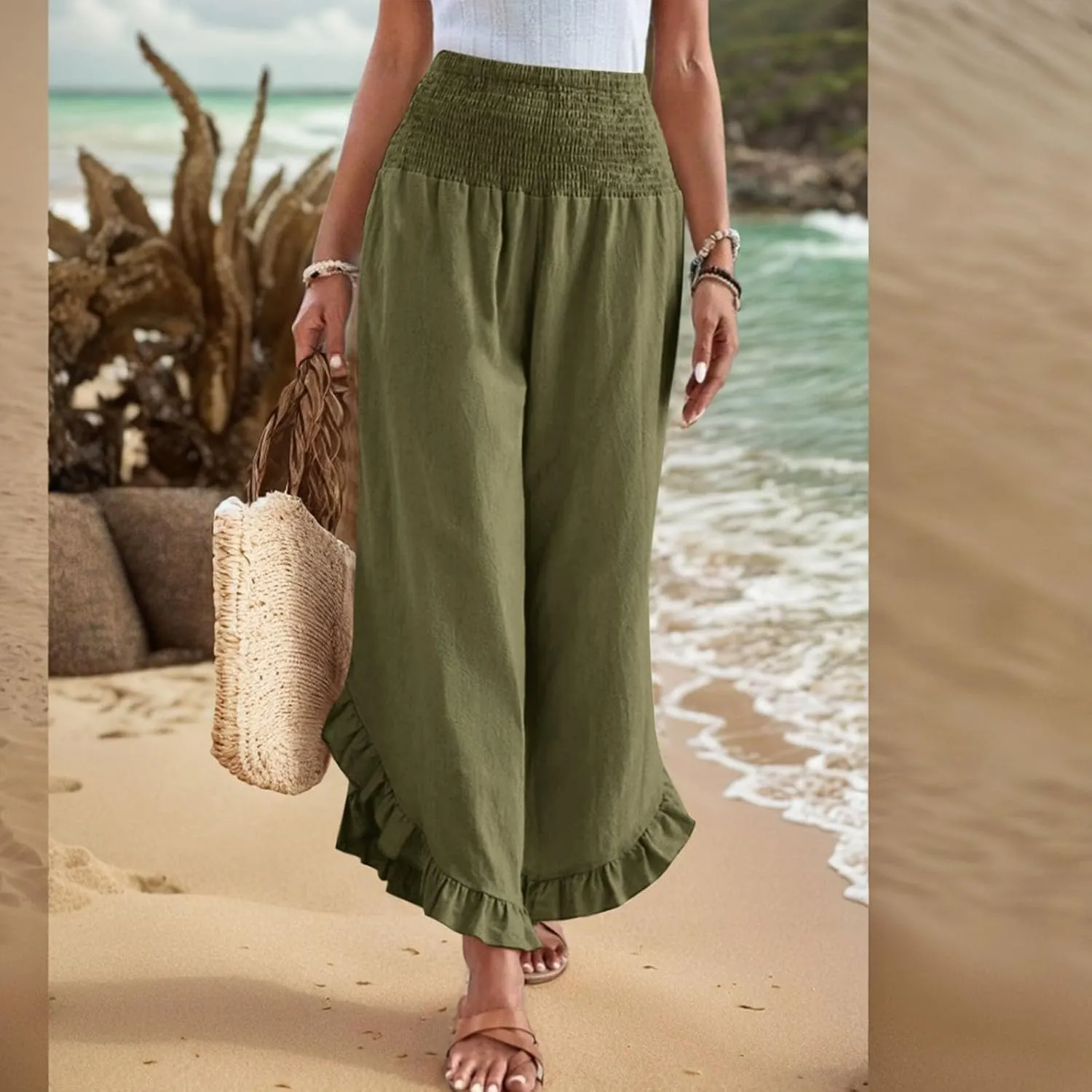 ADHOWBEW Linen Pants for Women Work High Waisted Lounge Plus Size Stretch Cotton Casual Dressy Flowy Pants Bottoms
