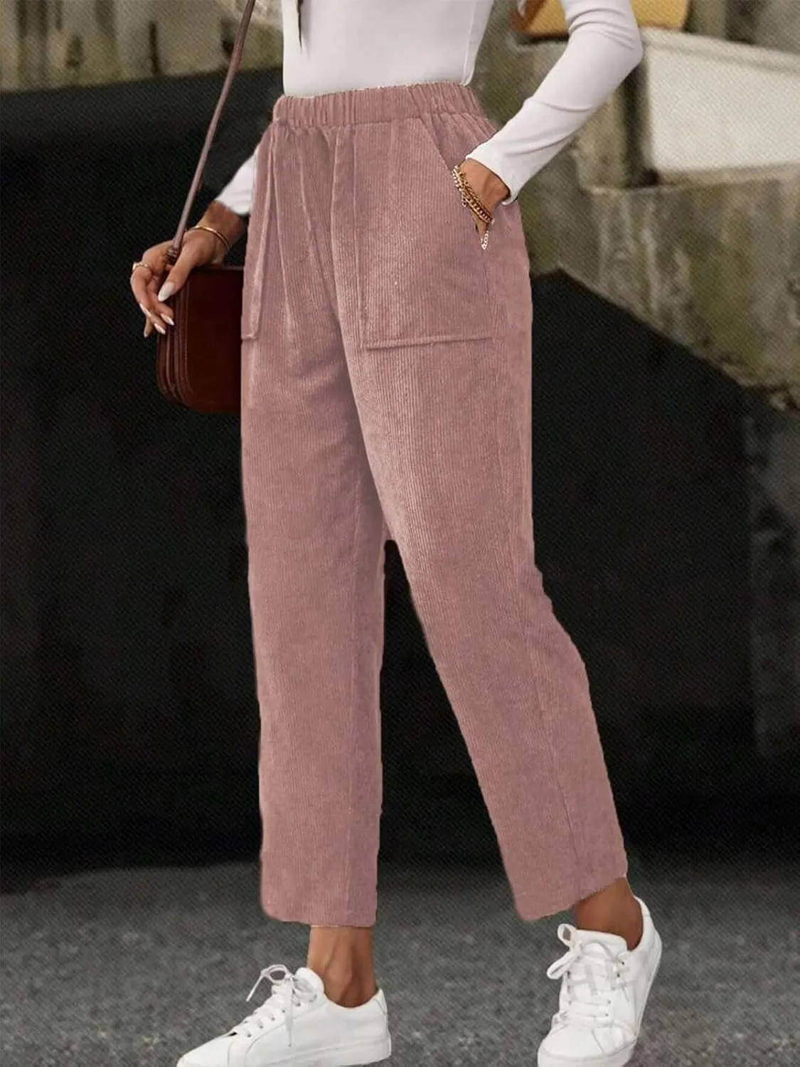 Akivide Corduroy Pants for Women Casual Elastic High Waist Straight Leg Pants Loose Comfy Trousers with Pockets