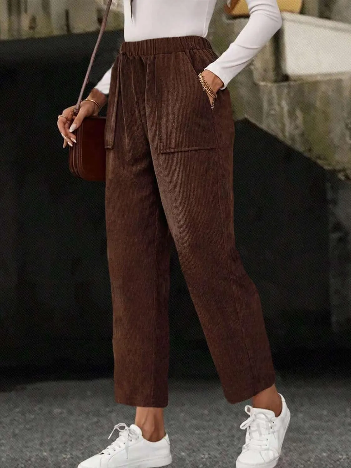 Akivide Corduroy Pants for Women Casual Elastic High Waist Straight Leg Pants Loose Comfy Trousers with Pockets