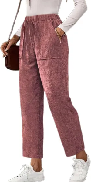 Akivide Corduroy Pants for Women Casual Elastic High Waist Straight Leg Pants Loose Comfy Trousers with Pockets