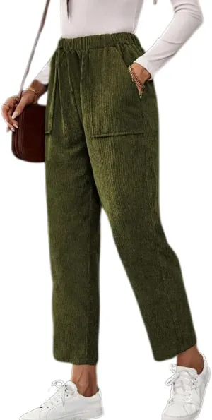 Akivide Corduroy Pants for Women Casual Elastic High Waist Straight Leg Pants Loose Comfy Trousers with Pockets