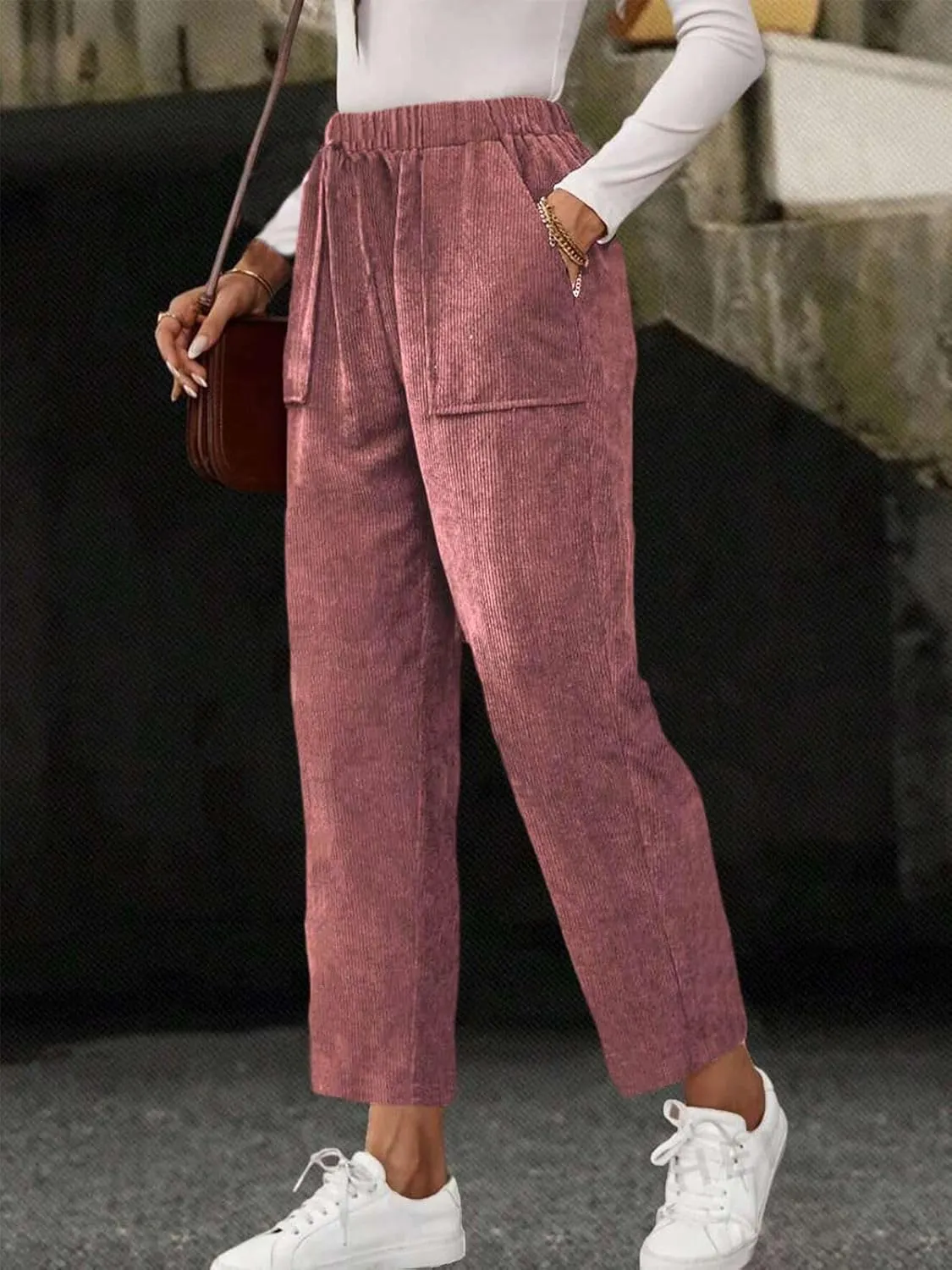 Akivide Corduroy Pants for Women Casual Elastic High Waist Straight Leg Pants Loose Comfy Trousers with Pockets