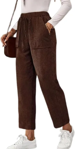 Akivide Corduroy Pants for Women Casual Elastic High Waist Straight Leg Pants Loose Comfy Trousers with Pockets