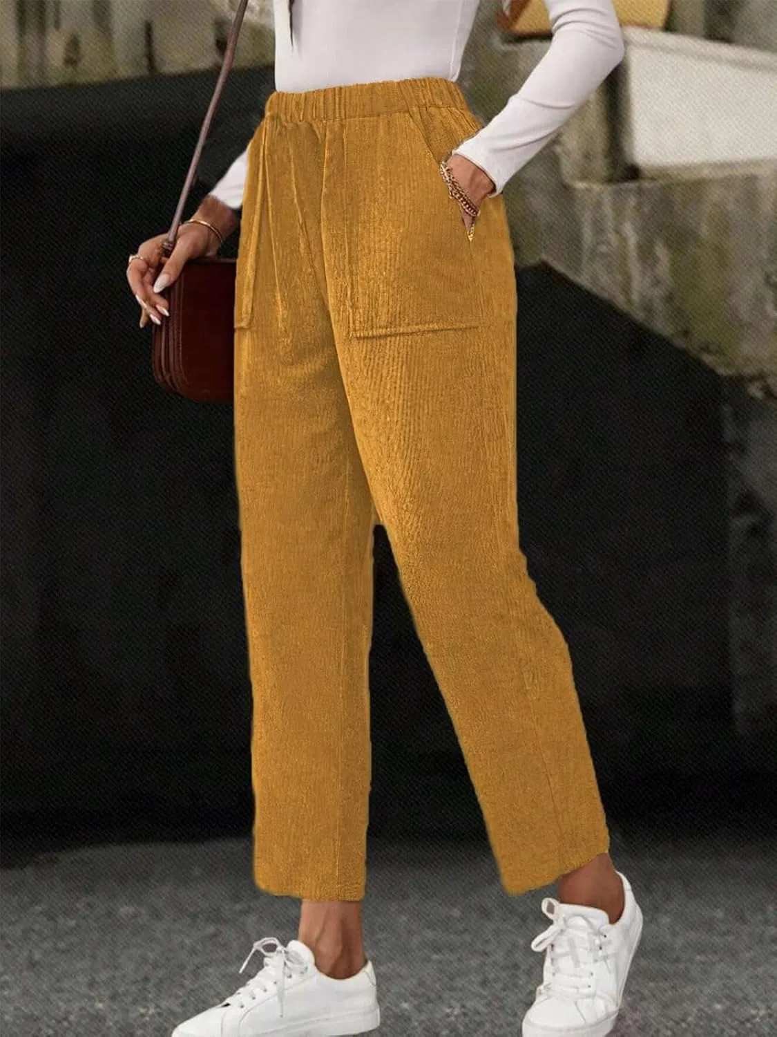 Akivide Corduroy Pants for Women Casual Elastic High Waist Straight Leg Pants Loose Comfy Trousers with Pockets