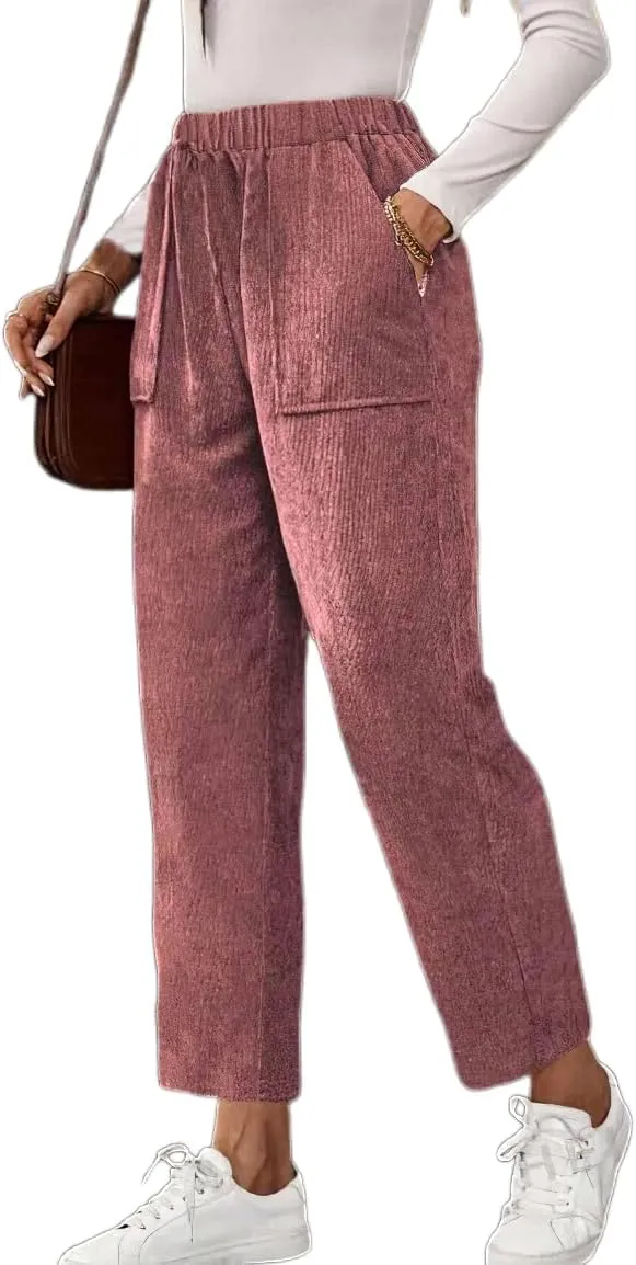 Akivide Corduroy Pants for Women Casual Elastic High Waist Straight Leg Pants Loose Comfy Trousers with Pockets