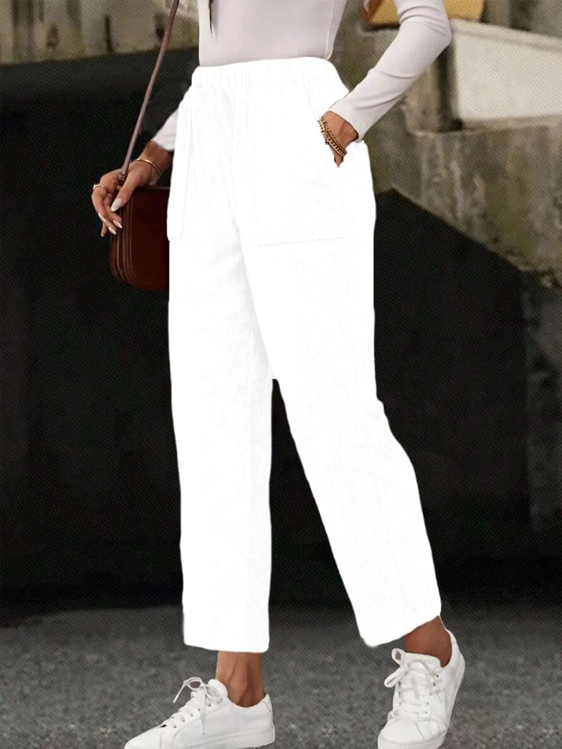 Akivide Corduroy Pants for Women Casual Elastic High Waist Straight Leg Pants Loose Comfy Trousers with Pockets