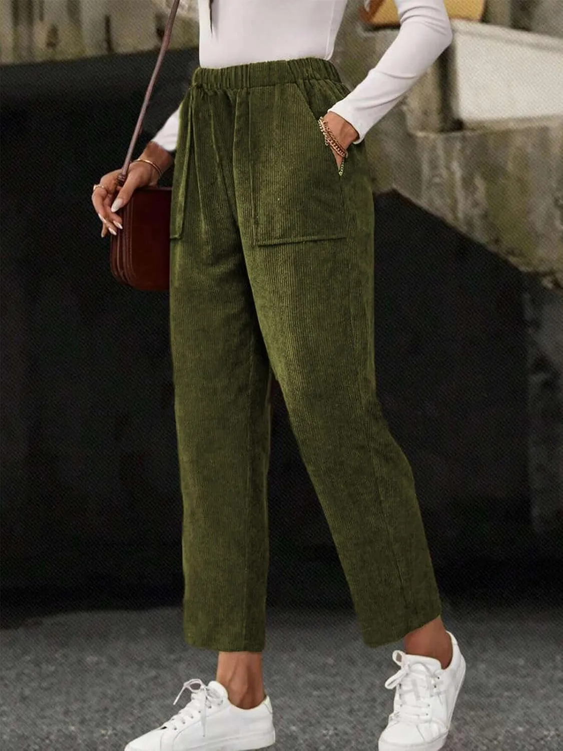 Akivide Corduroy Pants for Women Casual Elastic High Waist Straight Leg Pants Loose Comfy Trousers with Pockets