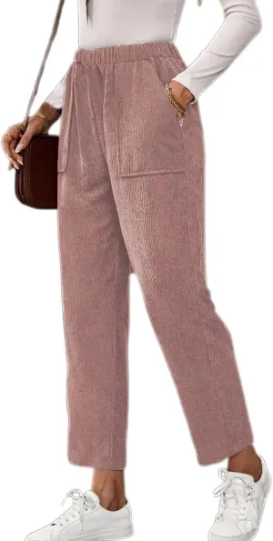 Akivide Corduroy Pants for Women Casual Elastic High Waist Straight Leg Pants Loose Comfy Trousers with Pockets