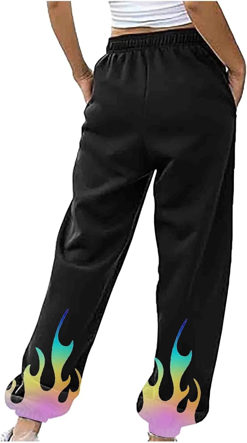 Athletic Pants Women Flame Printing Sweatpants Loose Trousers with Pockets High Waist Workout Running Jogger Pants