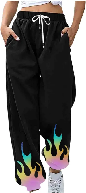 Athletic Pants Women Flame Printing Sweatpants Loose Trousers with Pockets High Waist Workout Running Jogger Pants
