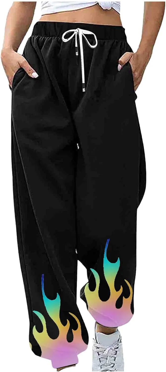Athletic Pants Women Flame Printing Sweatpants Loose Trousers with Pockets High Waist Workout Running Jogger Pants
