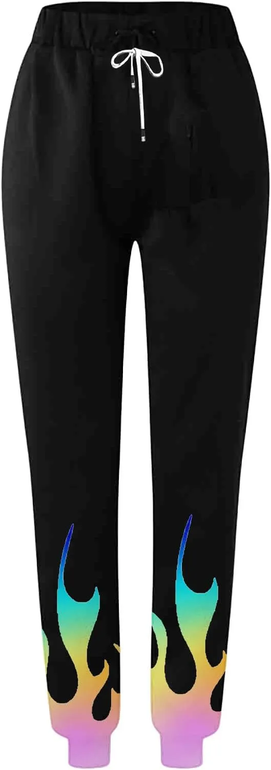 Athletic Pants Women Flame Printing Sweatpants Loose Trousers with Pockets High Waist Workout Running Jogger Pants