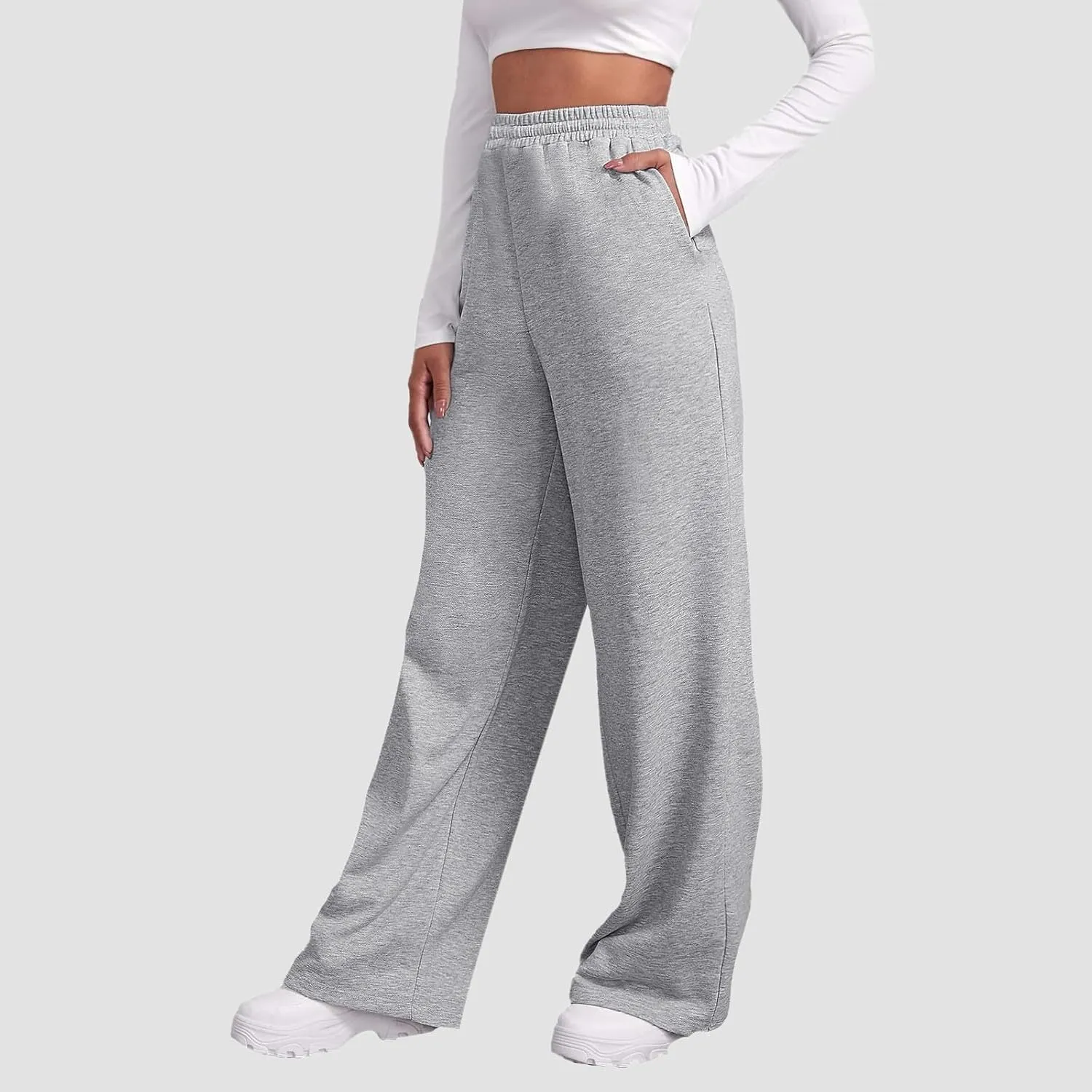 Baggy Wide Leg Sweatpants for Women Fleece Joggers with Pockets Comfy High Waist Lounge Pants Drawstring Sweat Pants
