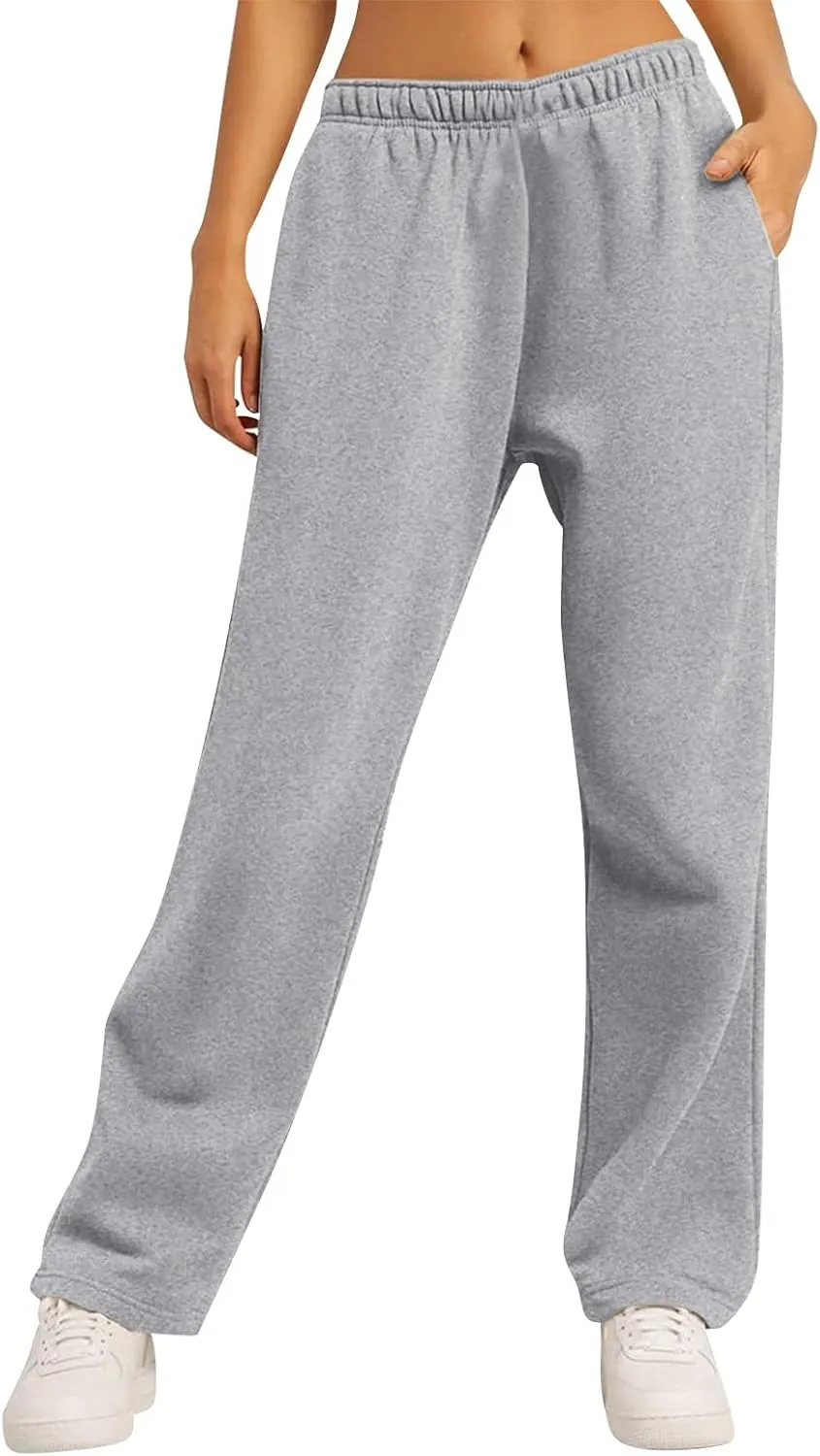 Baggy Wide Leg Sweatpants for Women Fleece Joggers with Pockets Comfy High Waist Lounge Pants Drawstring Sweat Pants