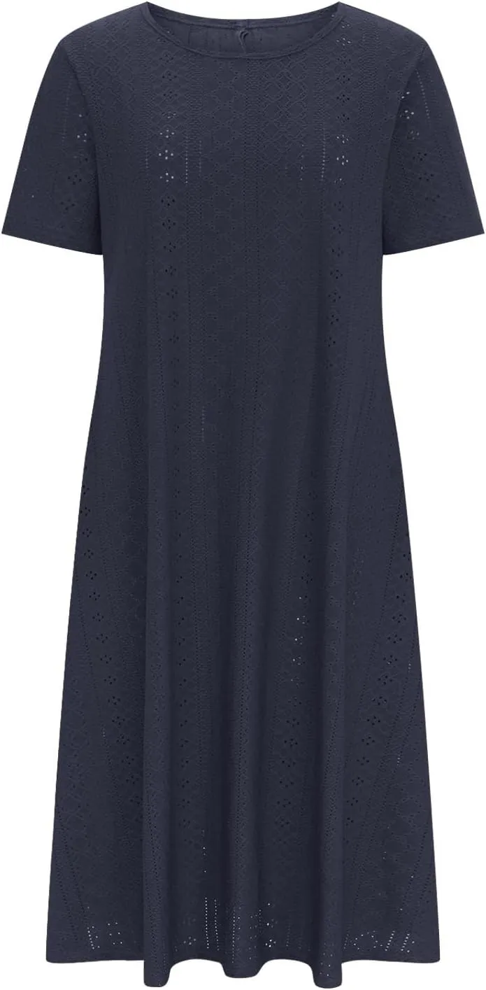Beach Dresses for Women Fashion Hollow Out Short Sleeve Maxi Sundress Ruffle Hem Crew Neck Casual Summer Dress