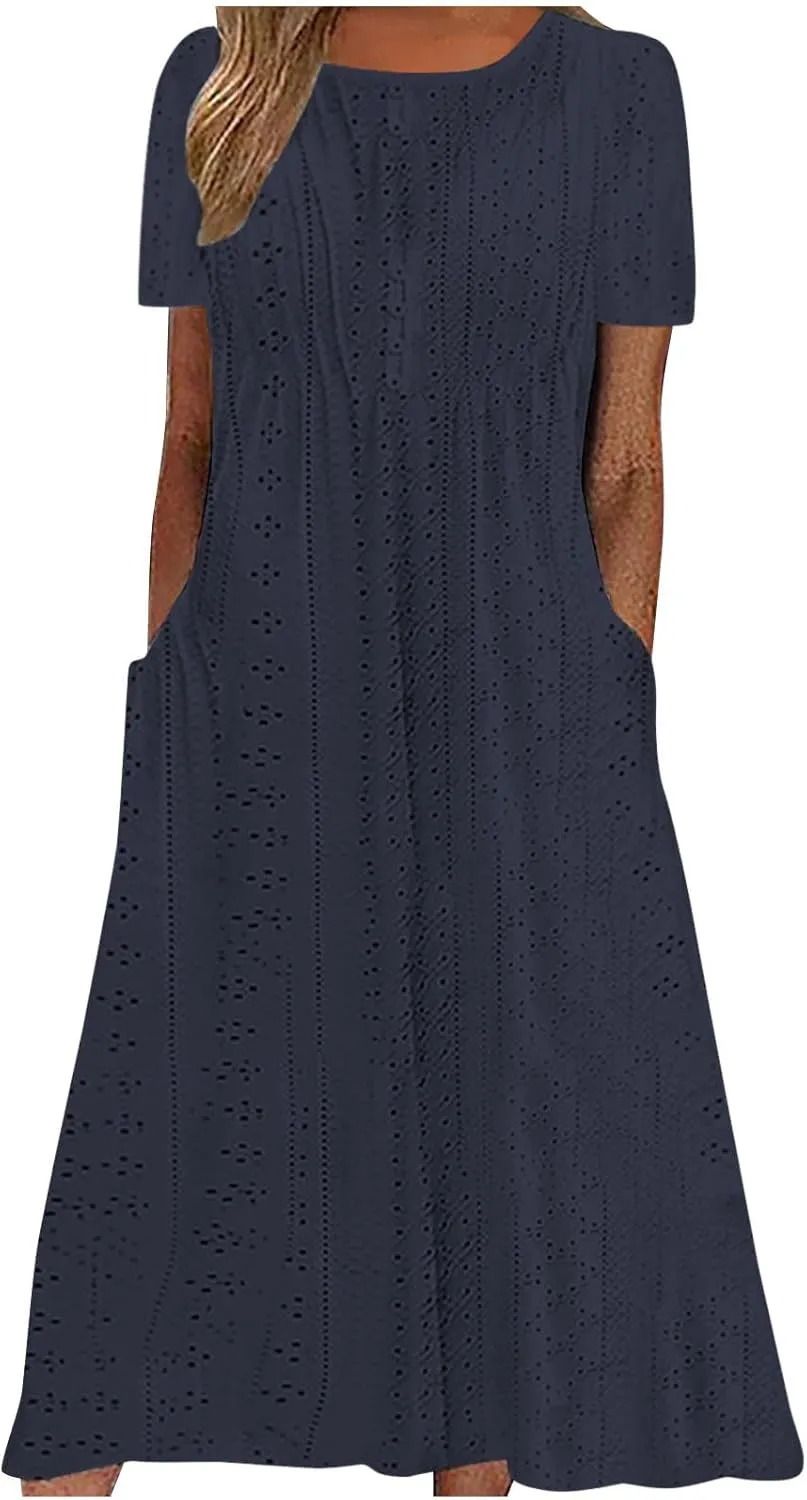Beach Dresses for Women Fashion Hollow Out Short Sleeve Maxi Sundress Ruffle Hem Crew Neck Casual Summer Dress