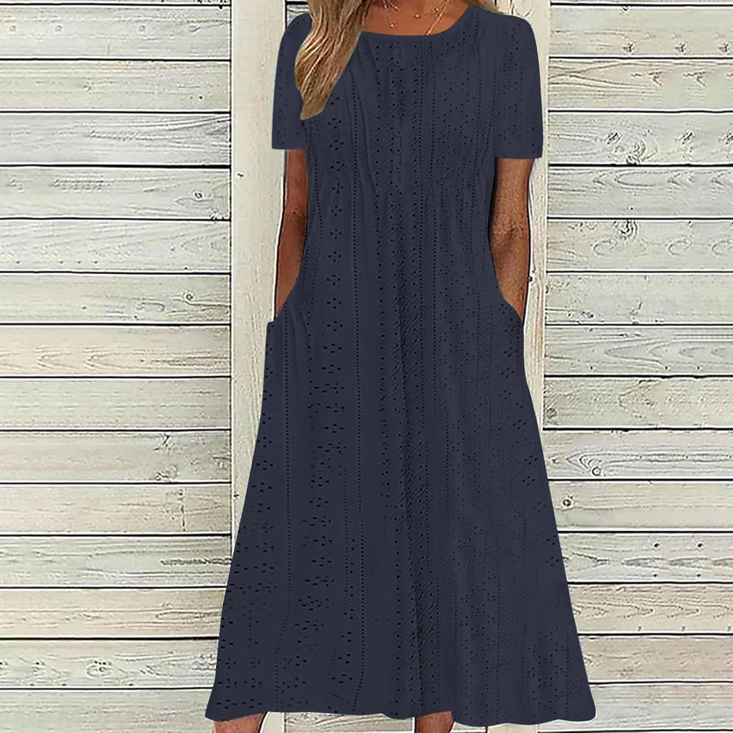 Beach Dresses for Women Fashion Hollow Out Short Sleeve Maxi Sundress Ruffle Hem Crew Neck Casual Summer Dress