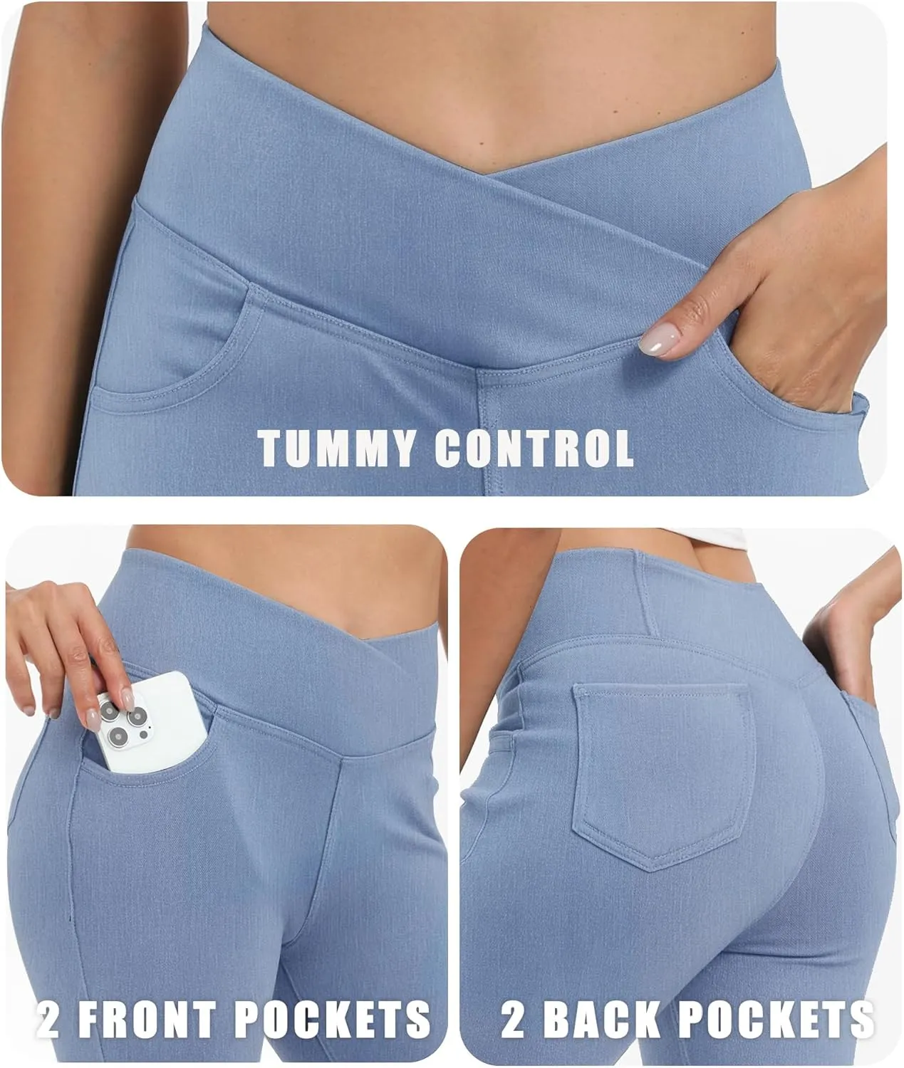 Bell Bottom Jeans for Women High Waisted Stretchy Flare Jeans with Pockets Trendy Crossover Pull On Flare Jeggings