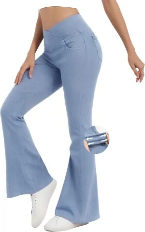 Bell Bottom Jeans for Women High Waisted Stretchy Flare Jeans with Pockets Trendy Crossover Pull On Flare Jeggings