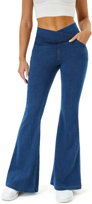 Bell Bottom Jeans for Women Trendy High Waisted Crossover Stretchy Jeans Flare Leggings with Pockets Y2k Jeggings