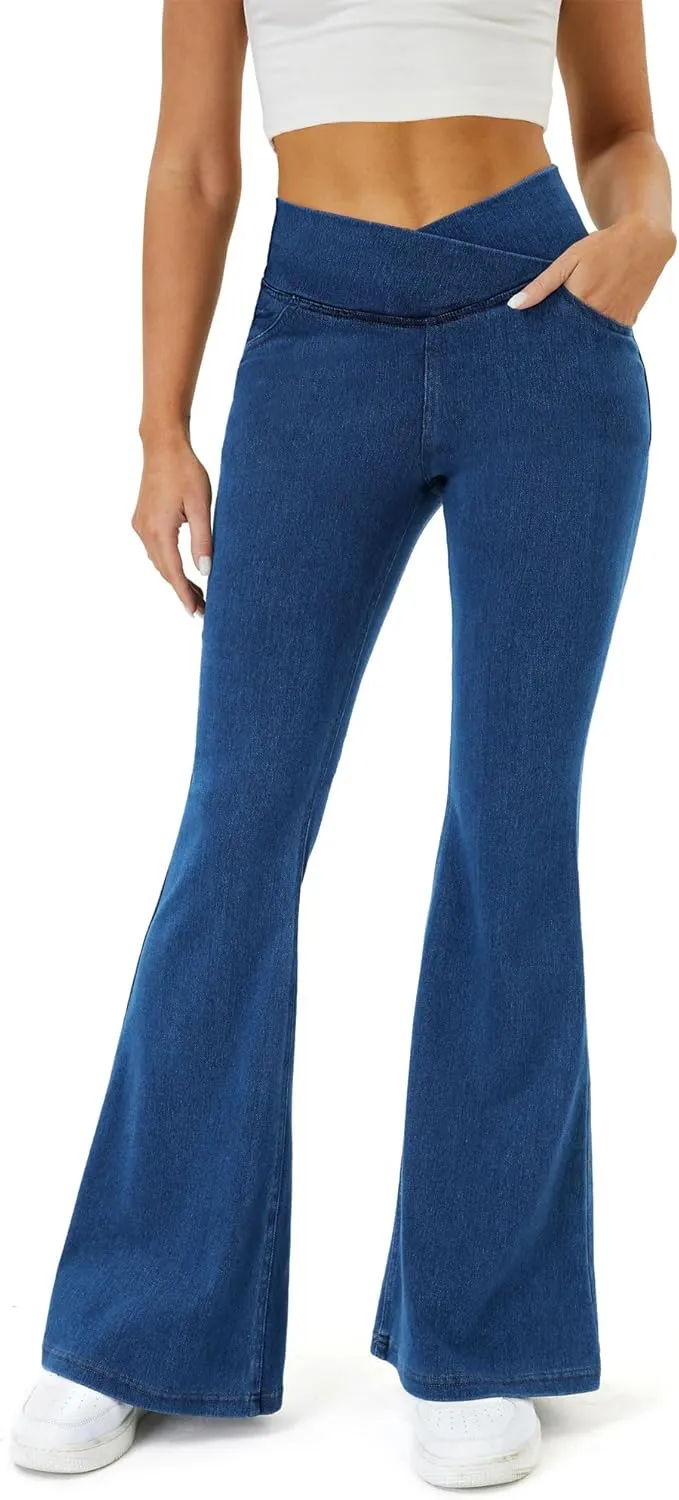 Bell Bottom Jeans for Women Trendy High Waisted Crossover Stretchy Jeans Flare Leggings with Pockets Y2k Jeggings