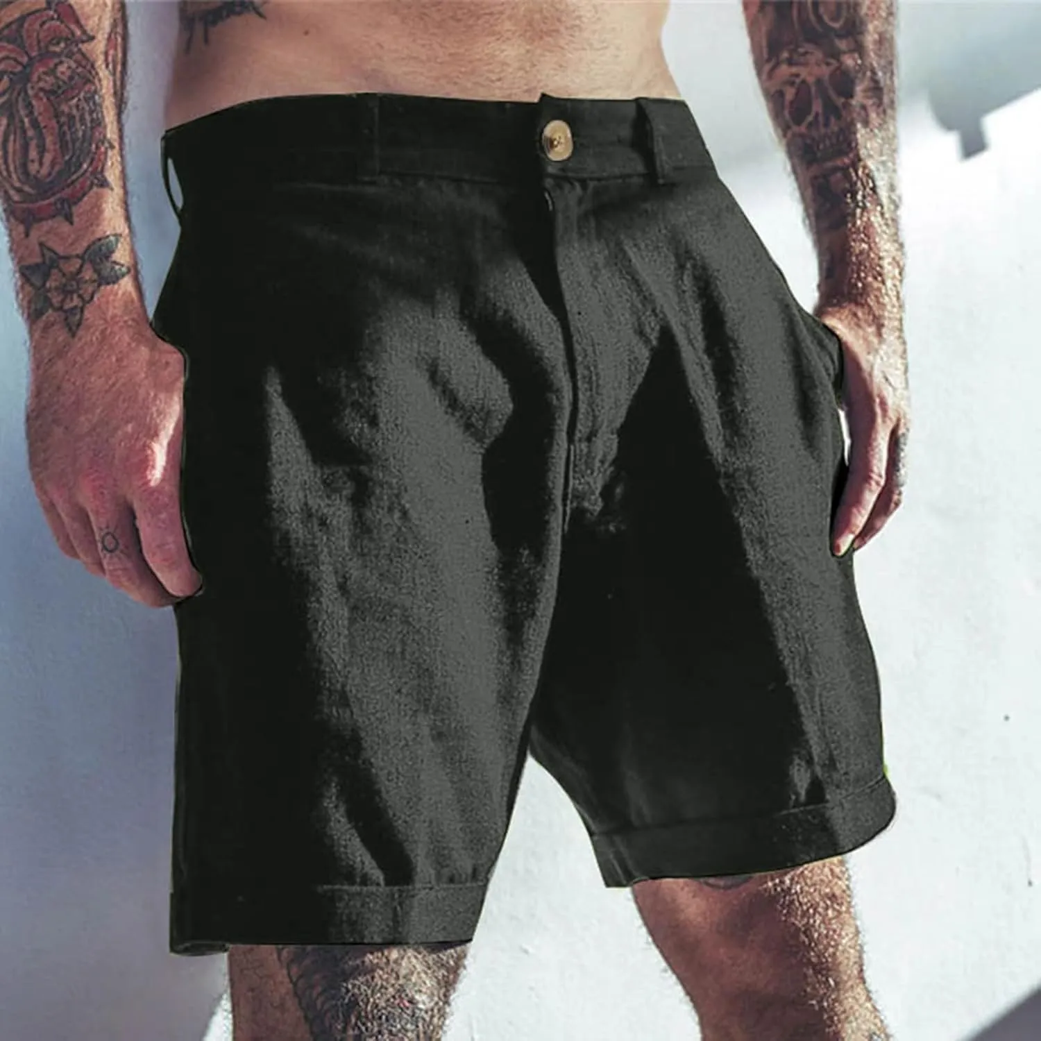 Bermuda Shorts for Men Mid Waisted Dressy Flat Front Straight Leg Button Shorts Causal Summer Beach Slim Fit Short Pants