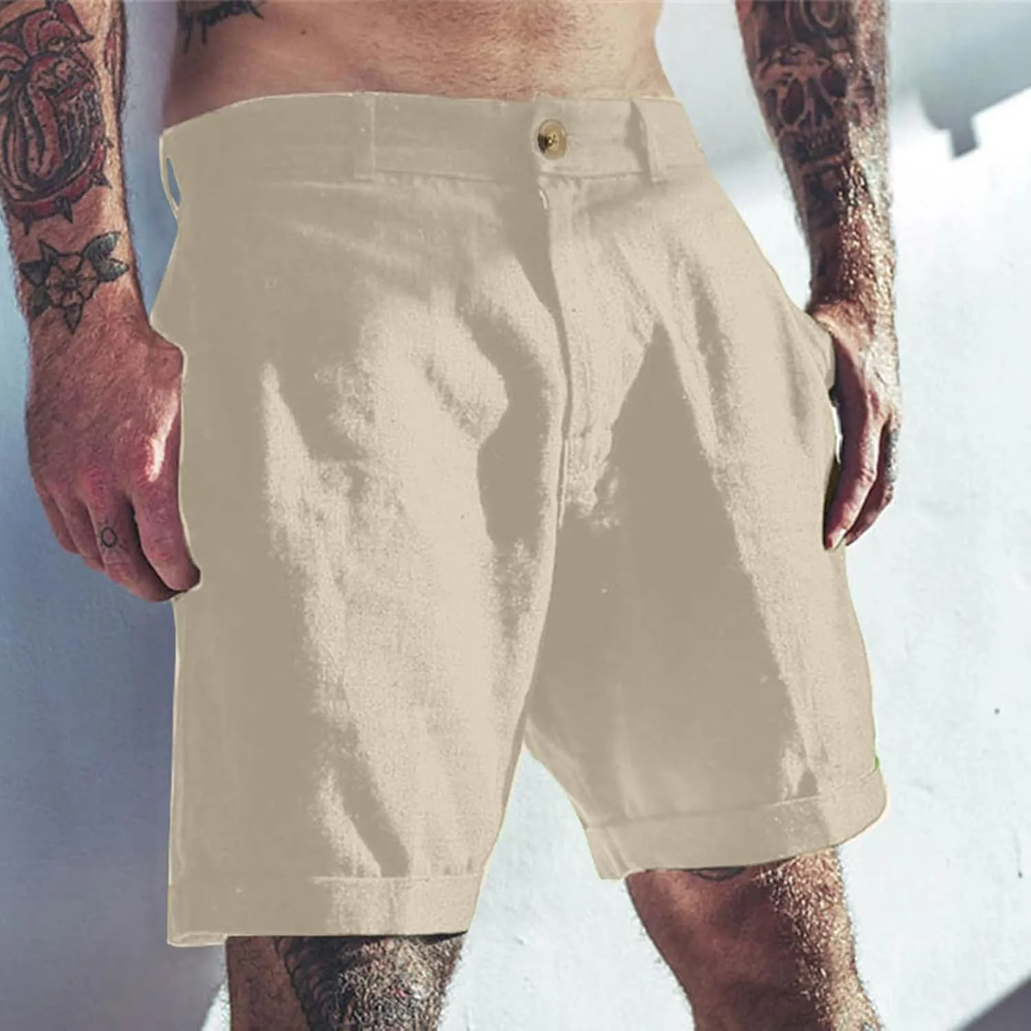 Bermuda Shorts for Men Mid Waisted Dressy Flat Front Straight Leg Button Shorts Causal Summer Beach Slim Fit Short Pants