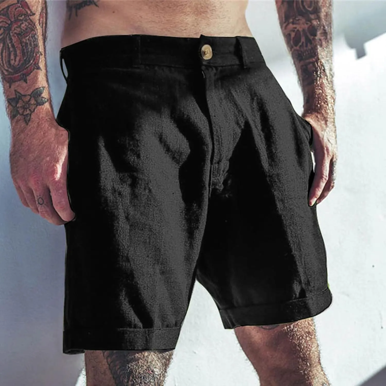 Bermuda Shorts for Men Mid Waisted Dressy Flat Front Straight Leg Button Shorts Causal Summer Beach Slim Fit Short Pants