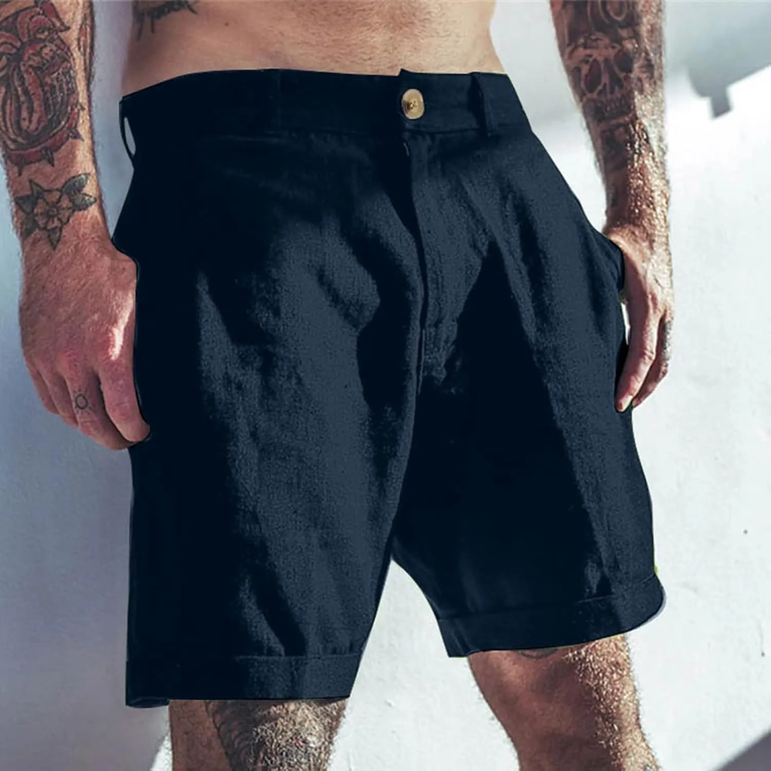 Bermuda Shorts for Men Mid Waisted Dressy Flat Front Straight Leg Button Shorts Causal Summer Beach Slim Fit Short Pants