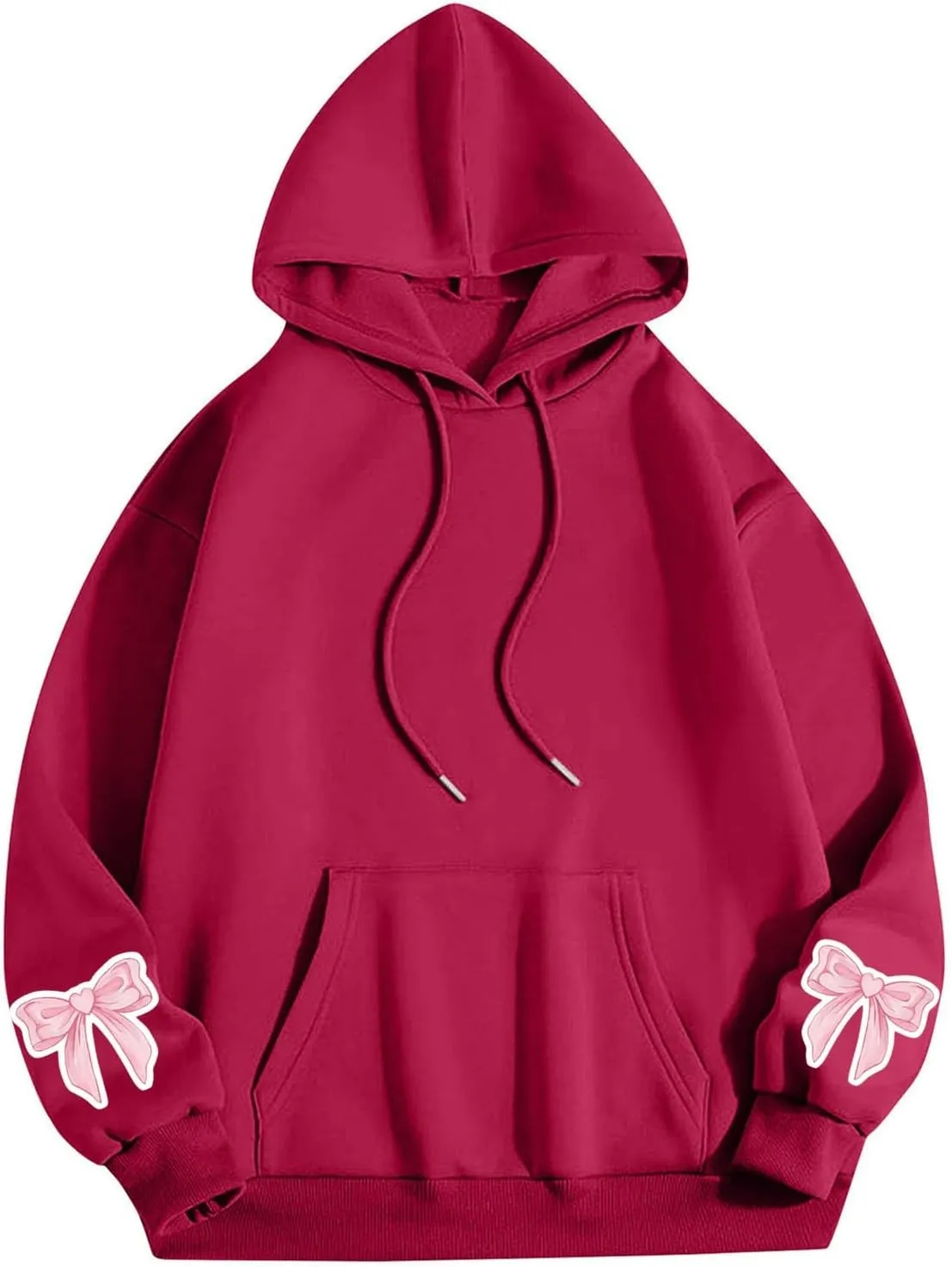 Black Hoodie Women Oversized Relaxed Pink Bow Sleeve Casual Fleece Pullover Hooded Sweatshirt Streetwear Essential