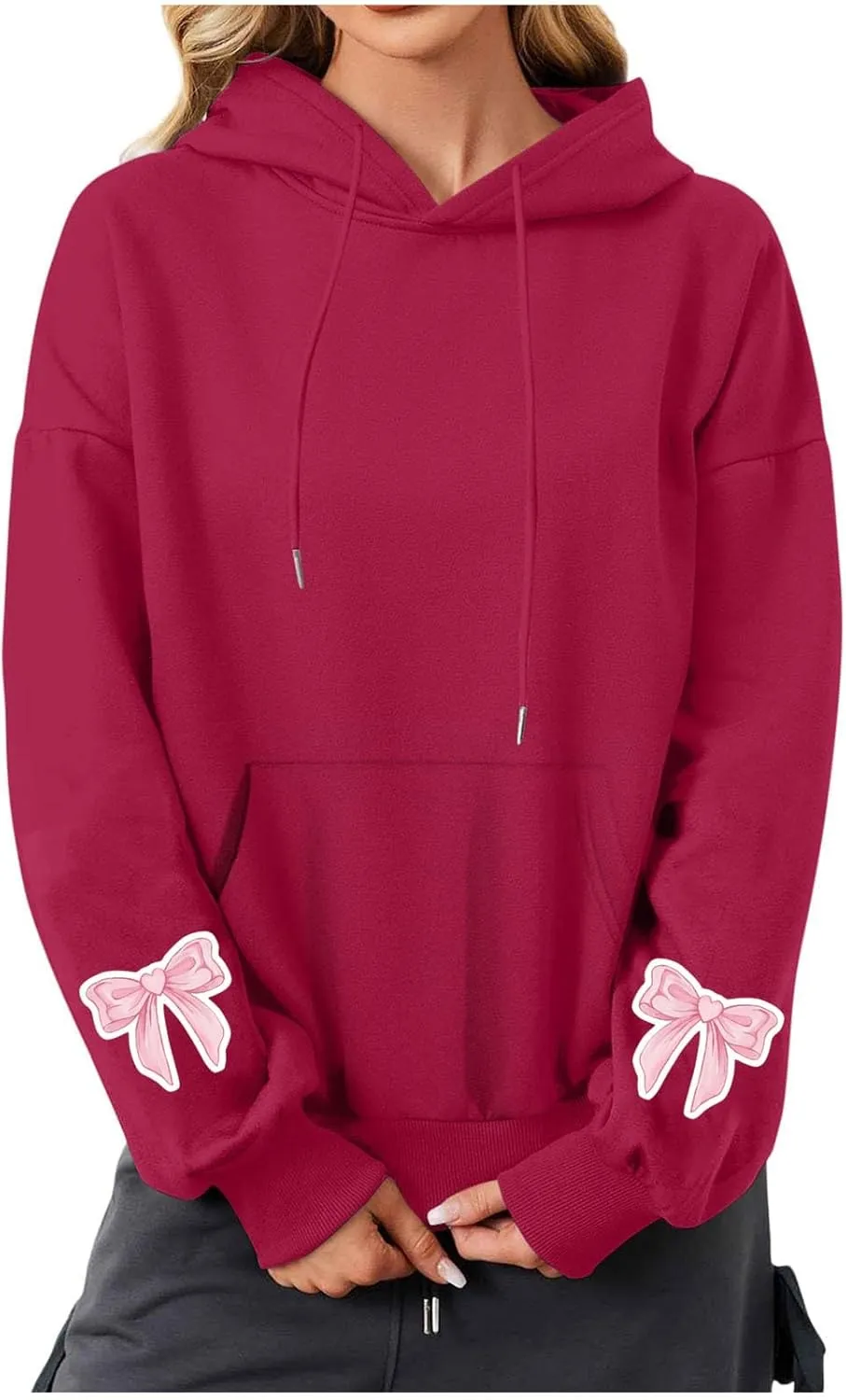 Black Hoodie Women Oversized Relaxed Pink Bow Sleeve Casual Fleece Pullover Hooded Sweatshirt Streetwear Essential