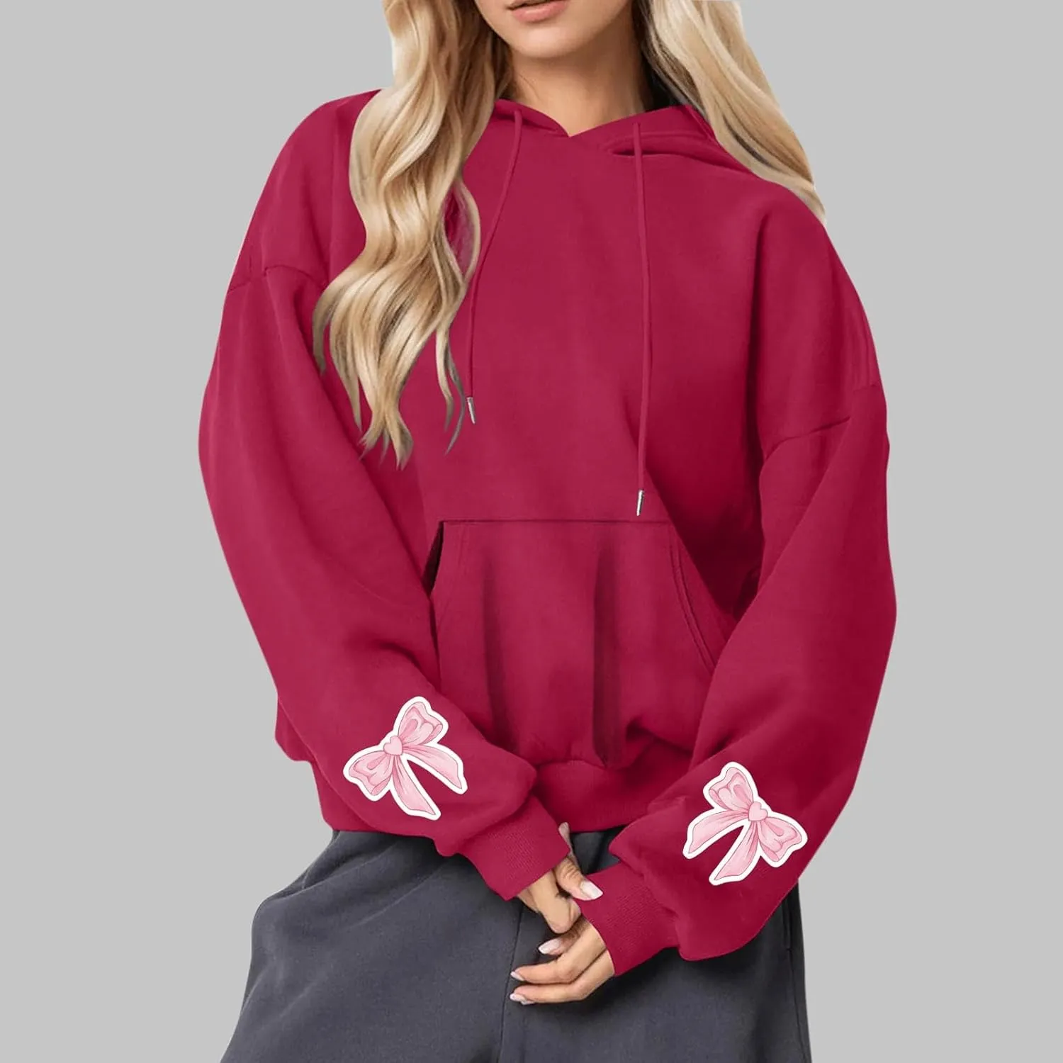 Black Hoodie Women Oversized Relaxed Pink Bow Sleeve Casual Fleece Pullover Hooded Sweatshirt Streetwear Essential