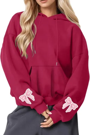 Black Hoodie Women Oversized Relaxed Pink Bow Sleeve Casual Fleece Pullover Hooded Sweatshirt Streetwear Essential