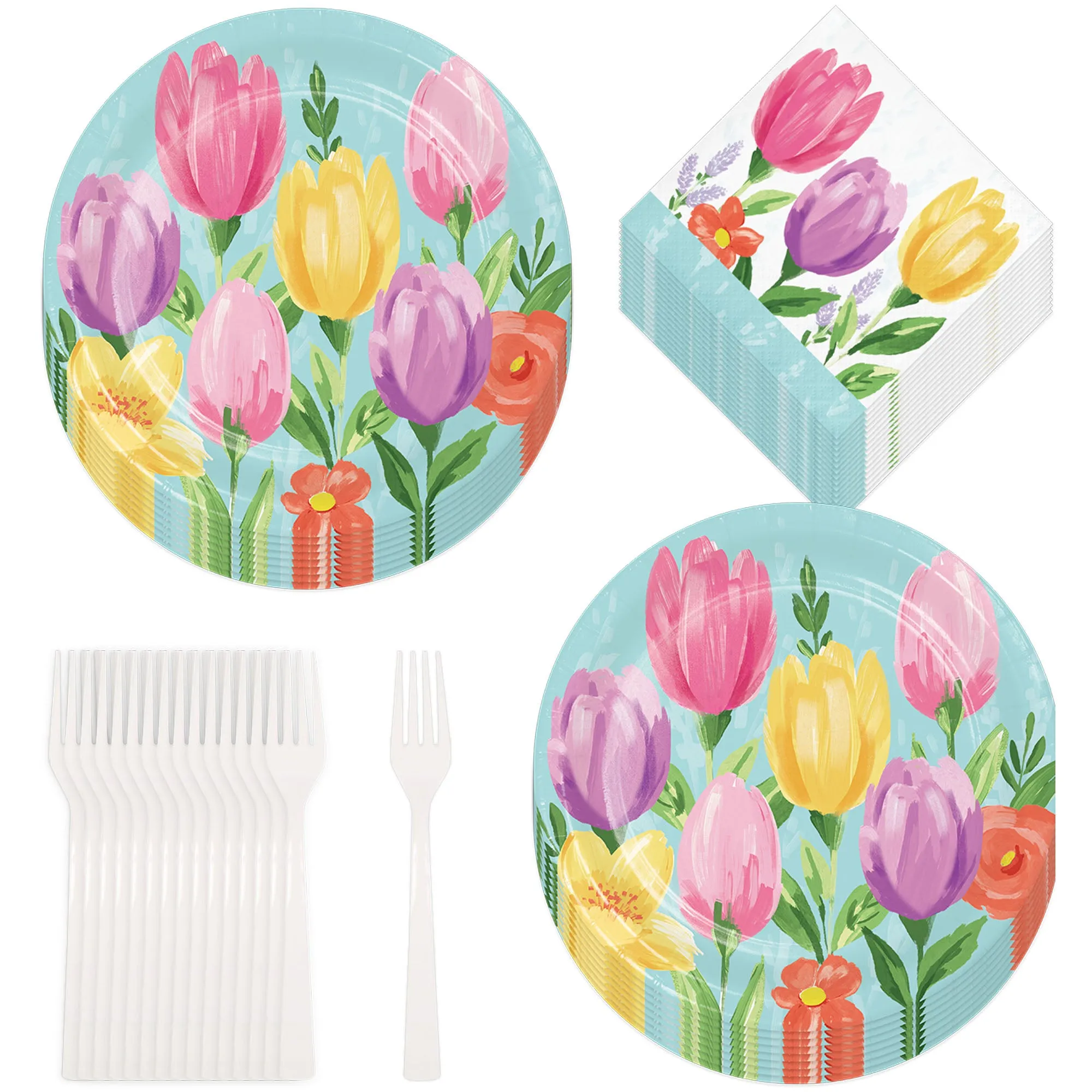 Blue Pastel Spring Tulip Blooms Floral Paper Dessert Plates, Beverage Napkins, and Forks
