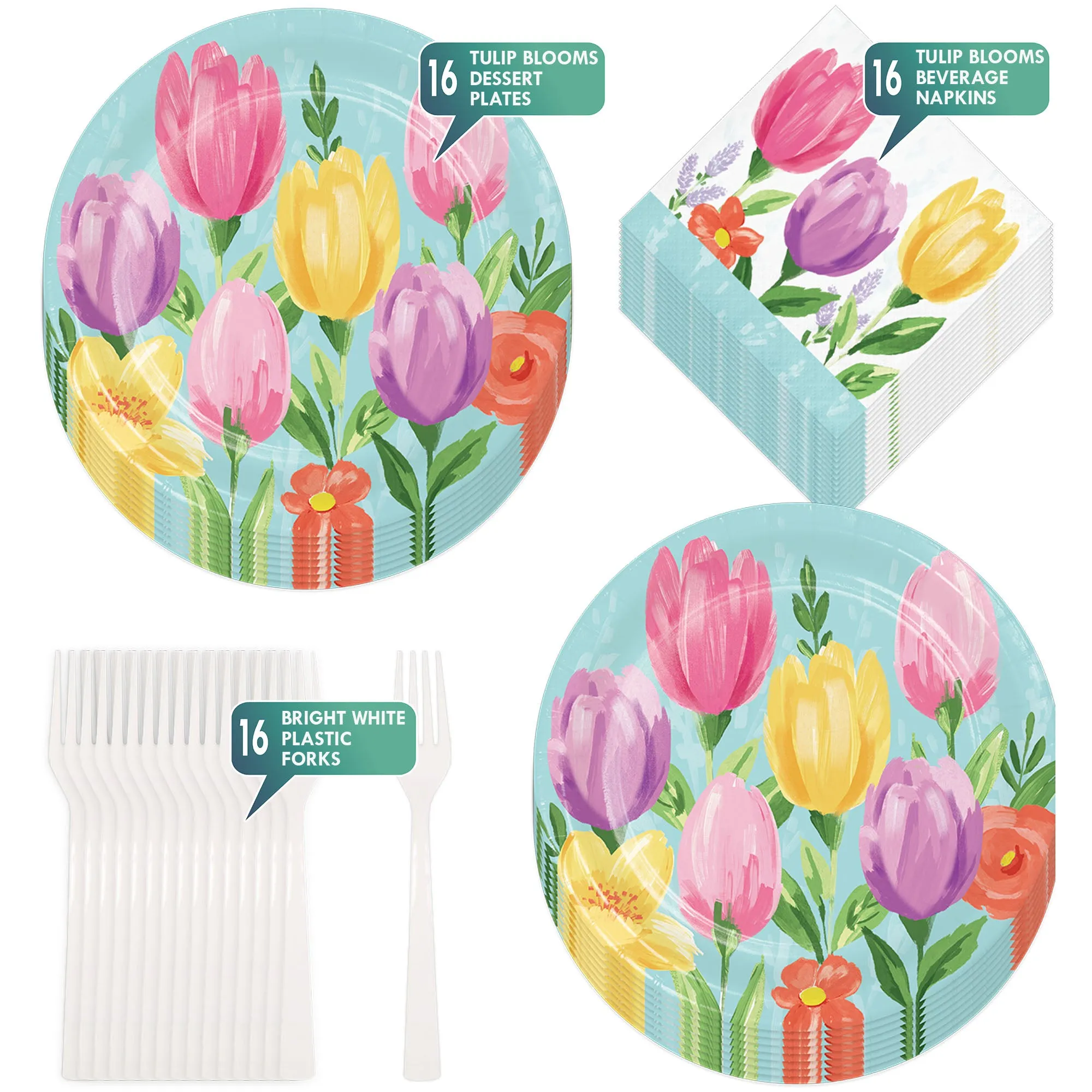 Blue Pastel Spring Tulip Blooms Floral Paper Dessert Plates, Beverage Napkins, and Forks
