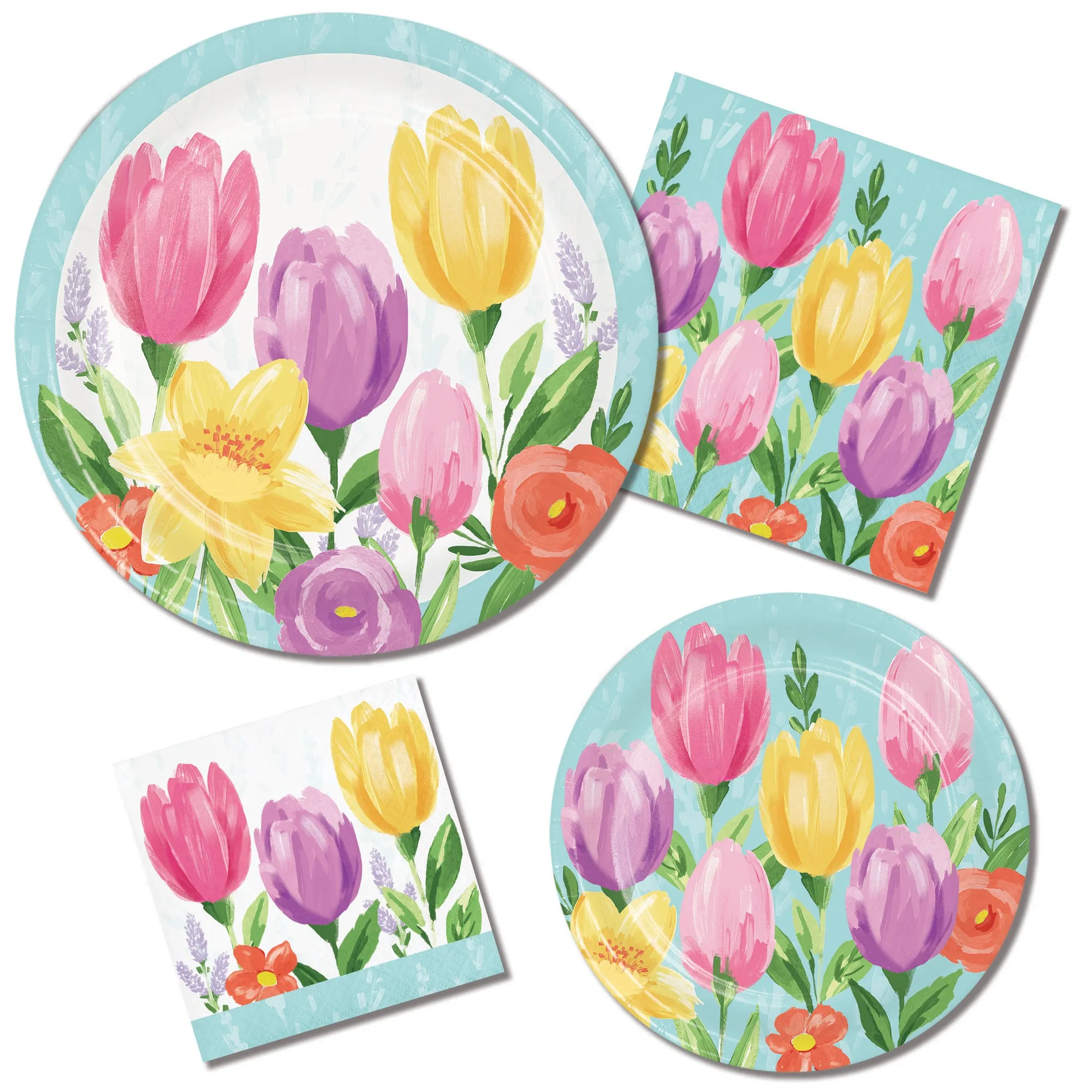 Blue Pastel Spring Tulip Blooms Floral Paper Dessert Plates, Beverage Napkins, and Forks