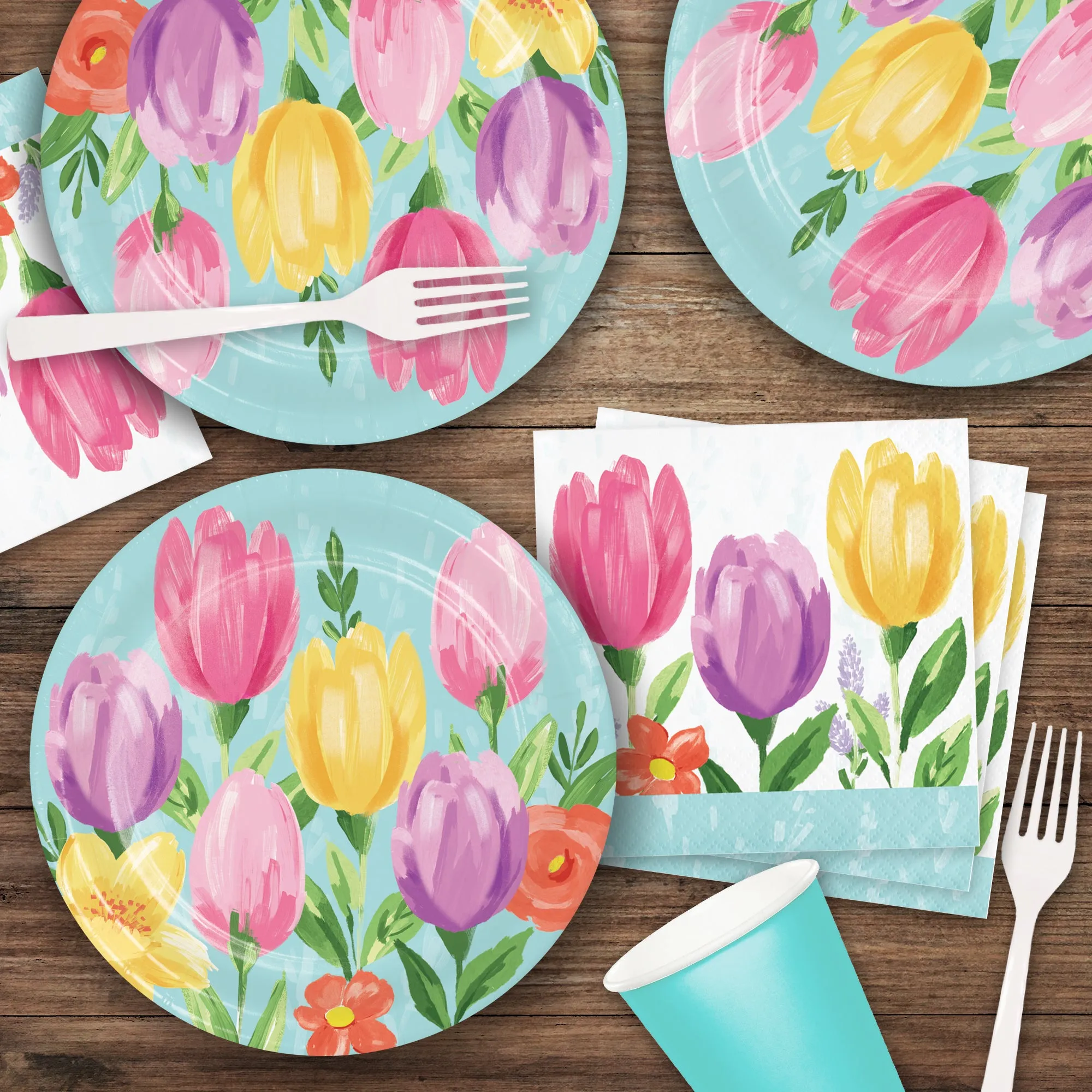 Blue Pastel Spring Tulip Blooms Floral Paper Dessert Plates, Beverage Napkins, and Forks