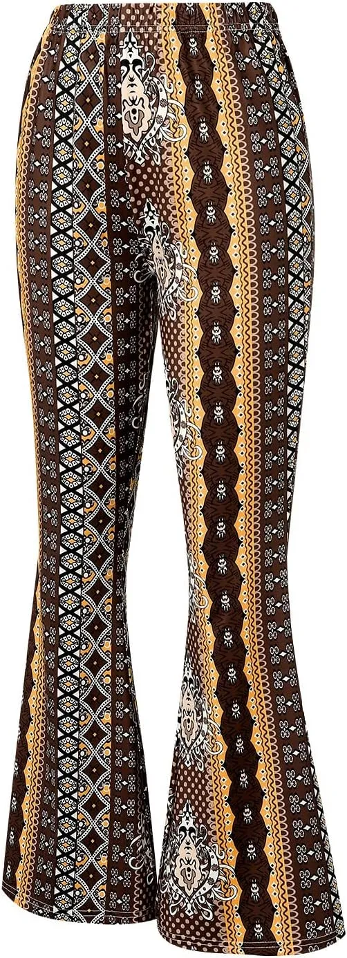 Boho Print Flare Pants for Women High Waist Stretch Comfy Bell Bottom Trousers 70s Hippie Pants Floral Yoga Leggings