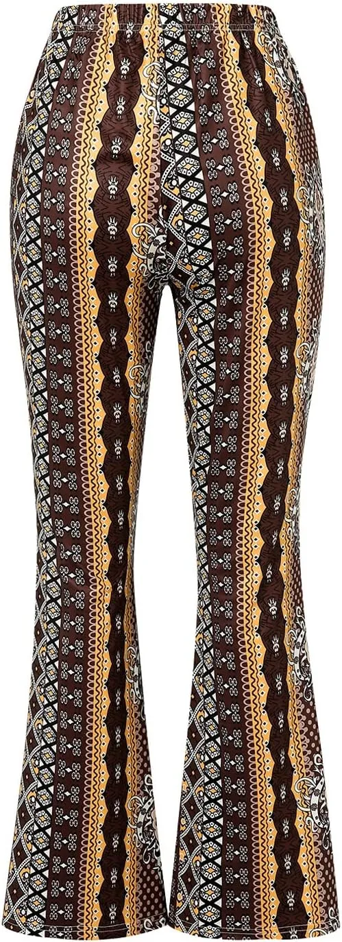 Boho Print Flare Pants for Women High Waist Stretch Comfy Bell Bottom Trousers 70s Hippie Pants Floral Yoga Leggings